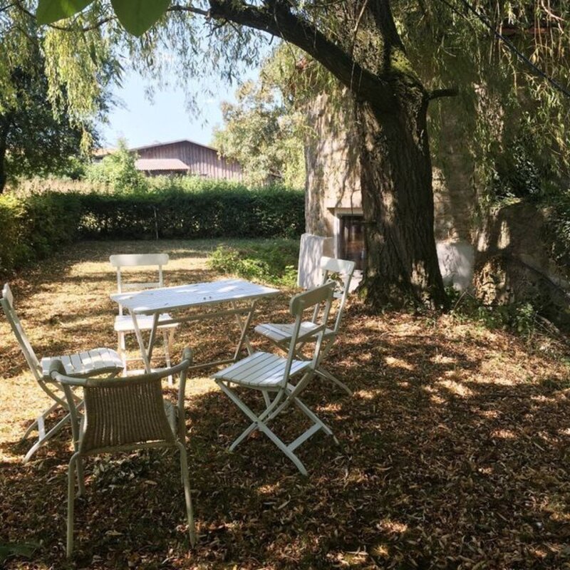 Sitzgruppe mit Gartentisch und Stühlen unter altem Baum
