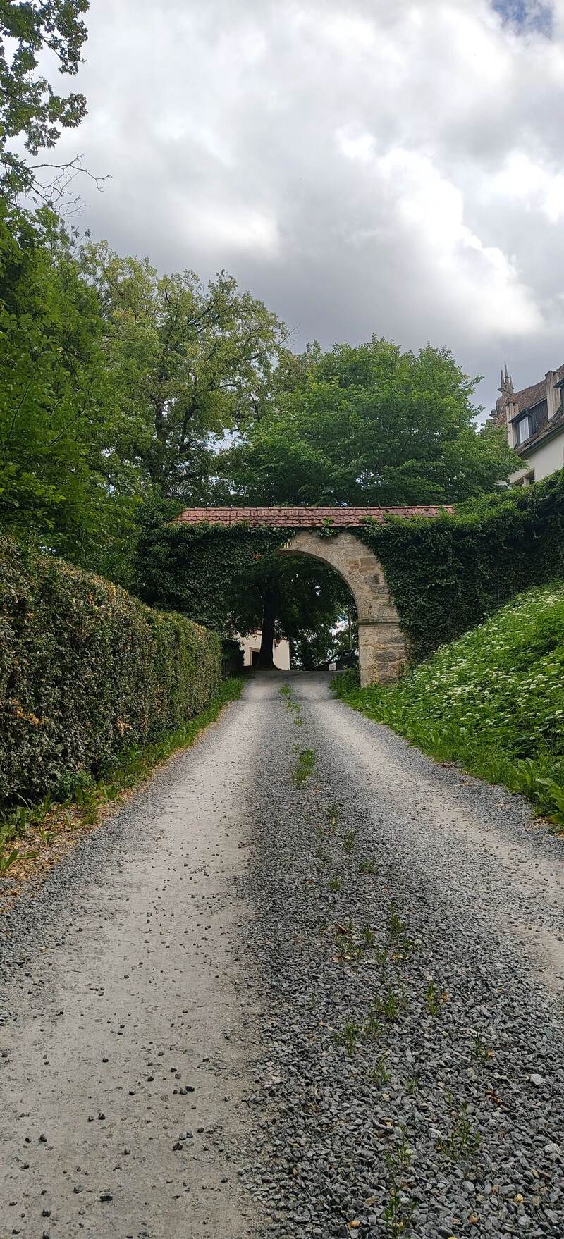 Schotterweg unter dem efeuumrankten Torbogen zum Schlosspark, Aufnahme vom Gut